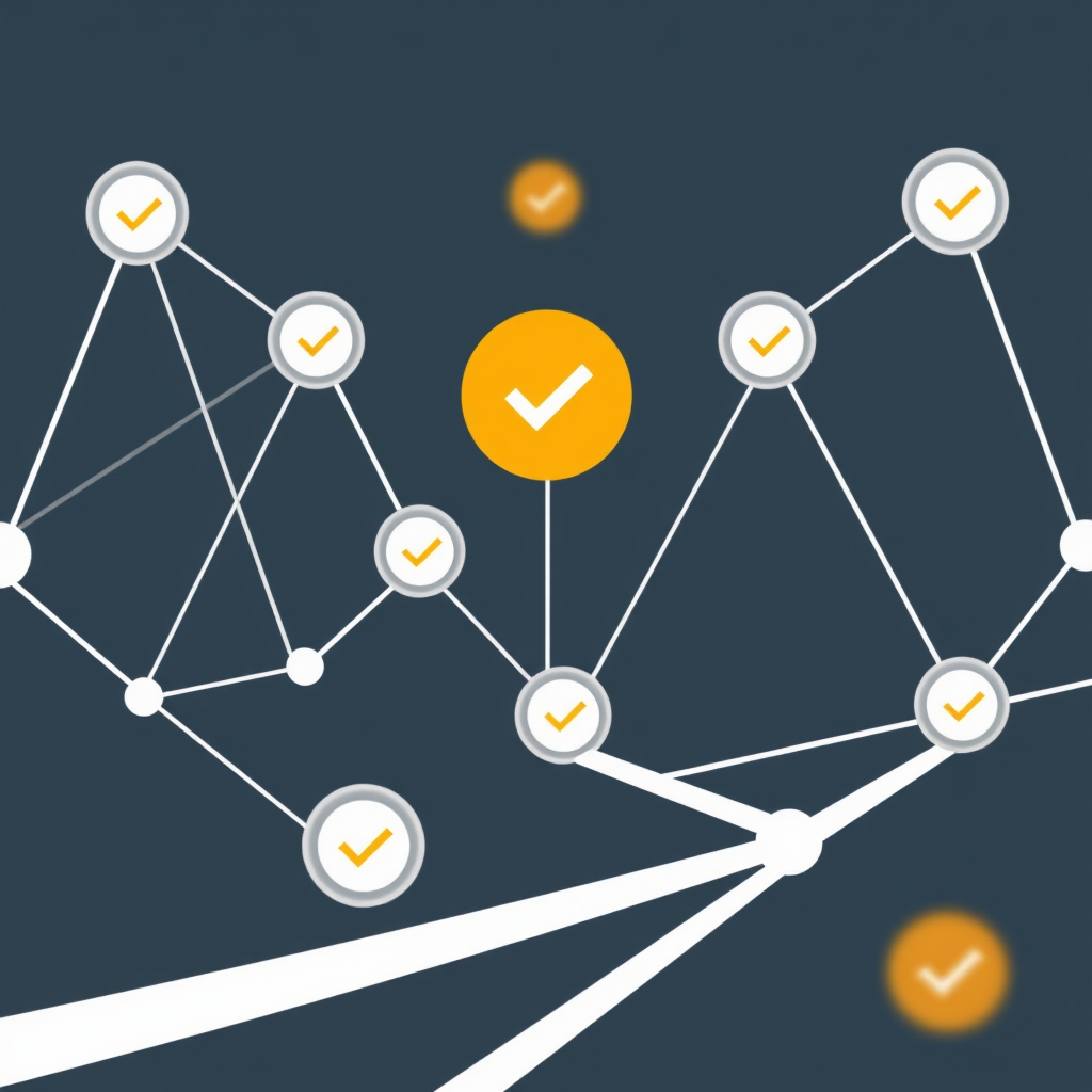 Sub-Design Idea 5: Abstract network pathways where key connection lines are thicker or brighter, and nodes at the ends of these paths feature subtle checkmark motifs or halos, indicating verified integrity.