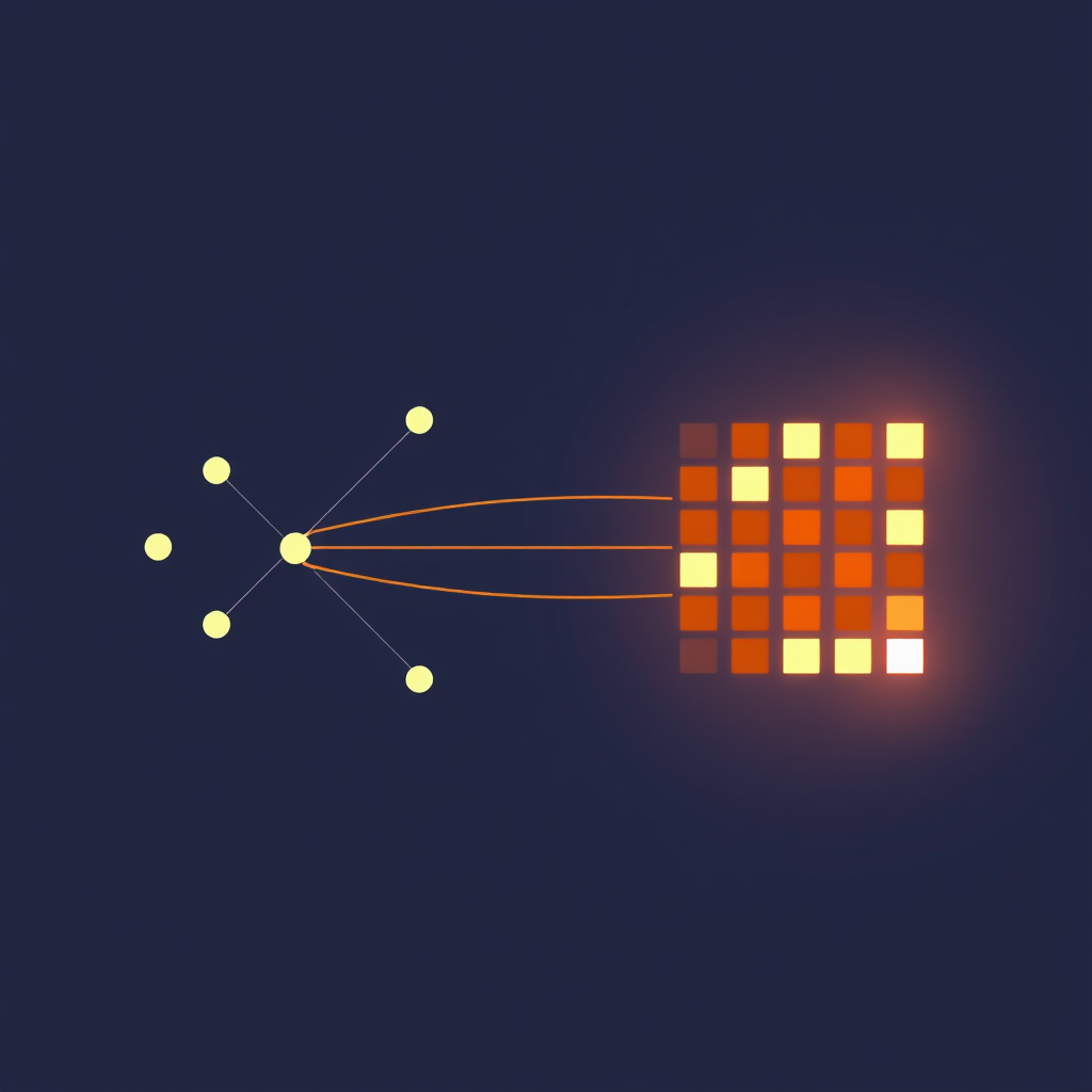 Sub-design 2 (Neural Net to Pixel Grid): A minimalist depiction of a few interconnected nodes (neural network) on one side, with lines extending to form a small pixel grid on the other, where some pixels are illuminated to hint at an emerging simple image.