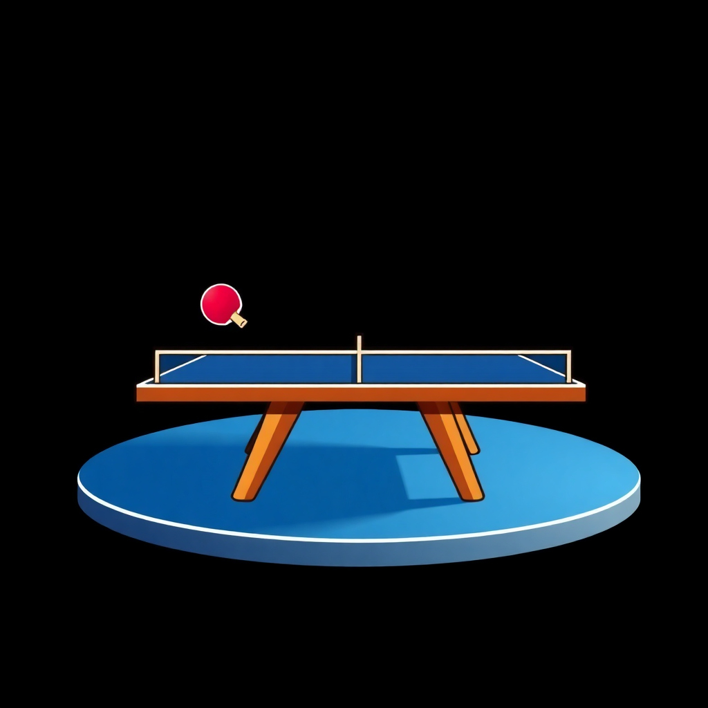 The image is an illustration of a ping pong table. The table is blue in color and has a wooden frame with four legs. On top of the table, there is a red ping-pong paddle. The paddle is in the air, ready to hit the ball. The background is black, making the table and paddle stand out. The image is simple and cartoon-like.