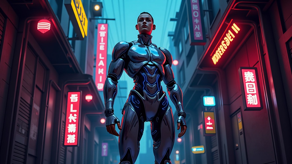 Develop cyborg character concepts where AI blends human anatomy with intricate mechanical parts in various styles (e.g., sleek futuristic, gritty cyberpunk).