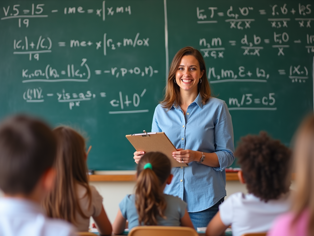 A teacher, with a friendly smile, holds a clipboard while addressing her attentive students in a bustling classroom. Desks are scattered with notebooks and pencils, and a large blackboard is filled with complex mathematical equations.