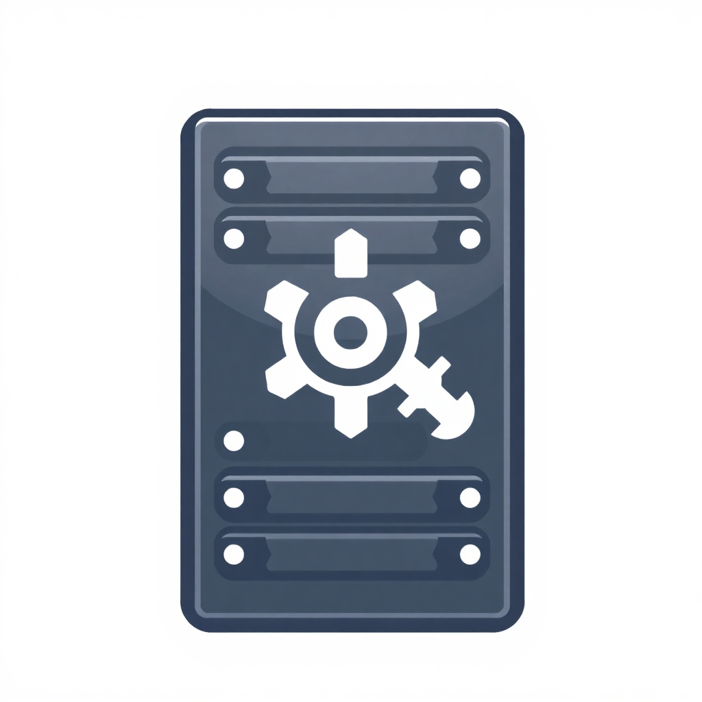 The image is a square-shaped icon with a dark blue background. In the center of the icon, there is a white gear icon with two crossed wrenches on either side. The gear icon is in the shape of a circle and is surrounded by four horizontal bars. The bars are arranged in a grid-like pattern. The overall design is simple and minimalistic.