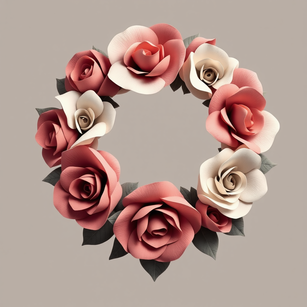 A deconstructed, contemporary take on the 'Garland of Roses'. Instead of a literal depiction, use flowing organic shapes and layered elements that suggest petals and movement, possibly forming a circular or winning wreath motif with subtle textures.
