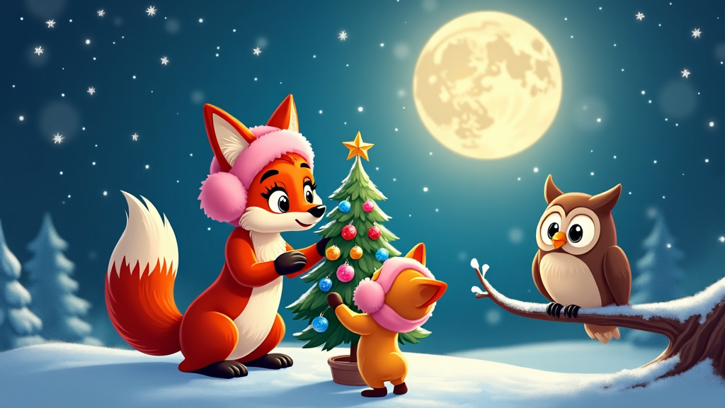 An enchanting full moon night where a cartoon fox wearing earmuffs helps its cubs hang ornaments on a small tree. Nearby, an owl perched on a branch hoots a gentle lullaby. Snowflakes gently fall, enhancing the serene and magical atmosphere of this woodland Christmas.