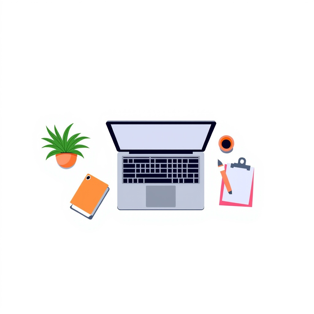 From an aerial perspective, the flat design laptop fits perfectly into the minimalistic workspace, accompanied by a potted succulent and a notepad. The setup exudes a sense of order and calmness, vital for productivity.