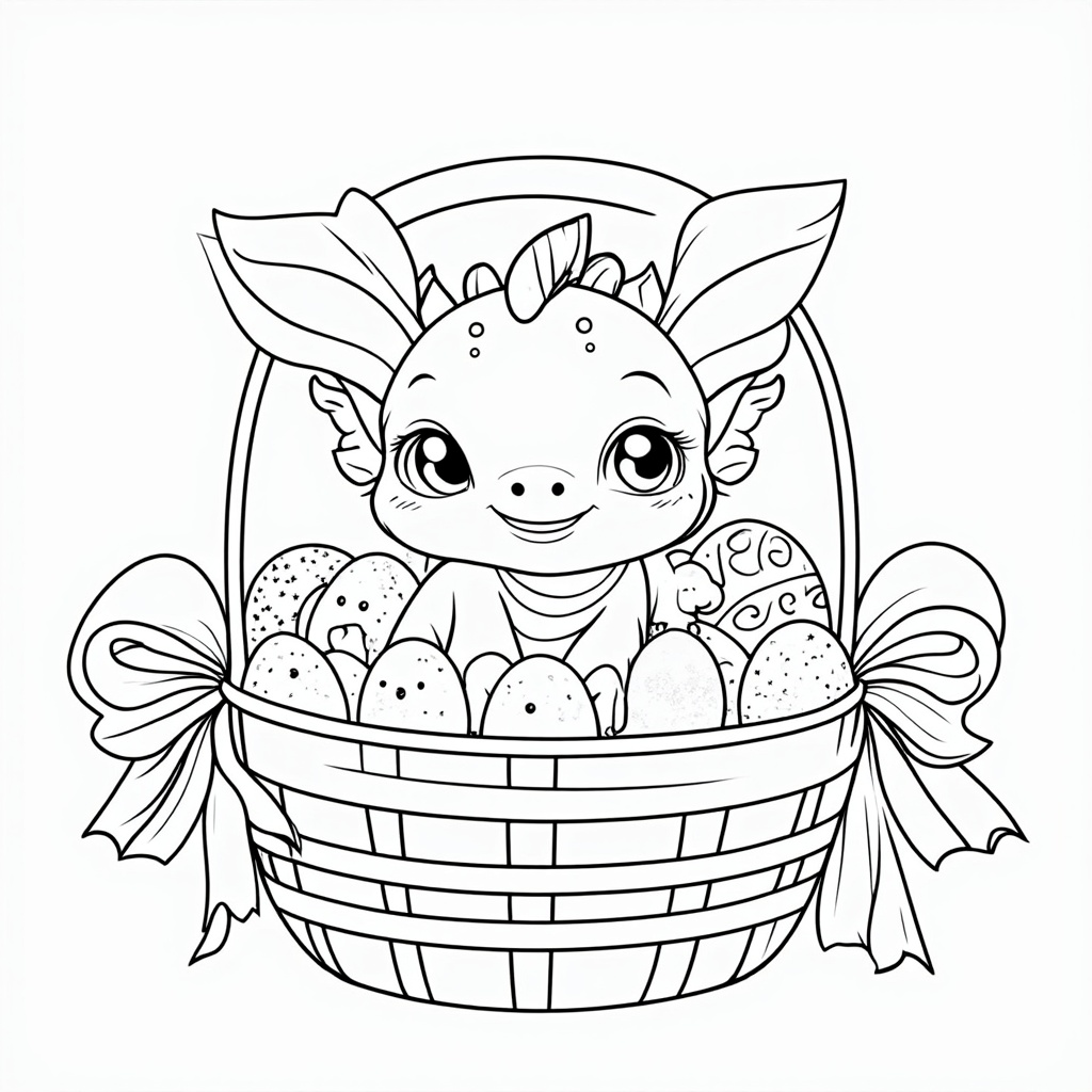 A cute baby dragon nestled inside a basket, surrounded by pastel-colored Easter eggs. The little dragon has large, inquisitive eyes and small horns, giving it an adorable appearance. Furry chicks and ribbons add to the festive theme.