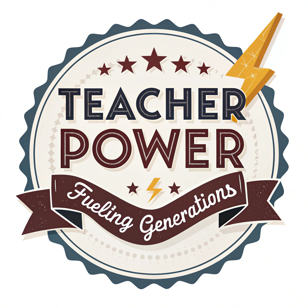 Sticker Design 5: Retro Empowerment Emblem. A sticker designed as a bold, retro-style badge or emblem, possibly incorporating a dynamic element like a lightning bolt or a star. 'TEACHER POWER' is prominently displayed in a strong, vintage font, with 'Fueling Generations' as a complementary ribbon or subtext.