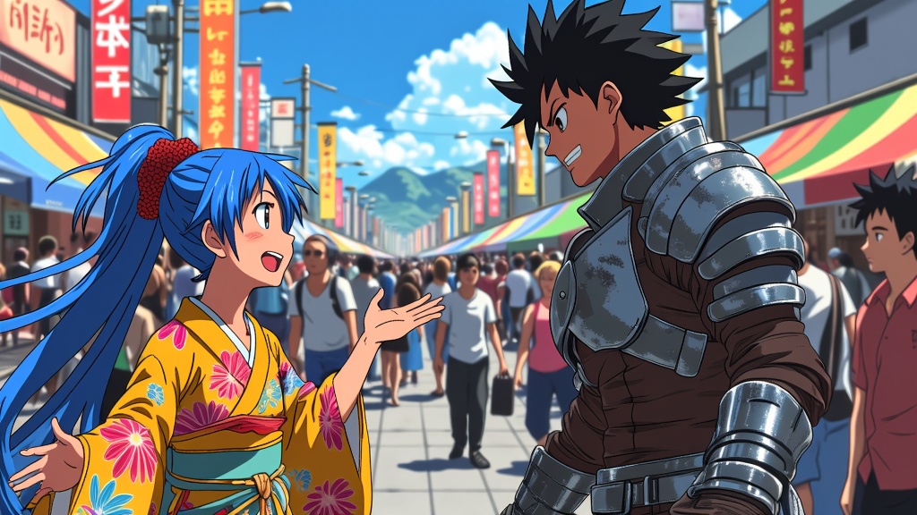 Artwork focusing on dynamic interactions and unexpected crossover moments when anime characters from different series 'encounter' each other on the MomoCon floor.