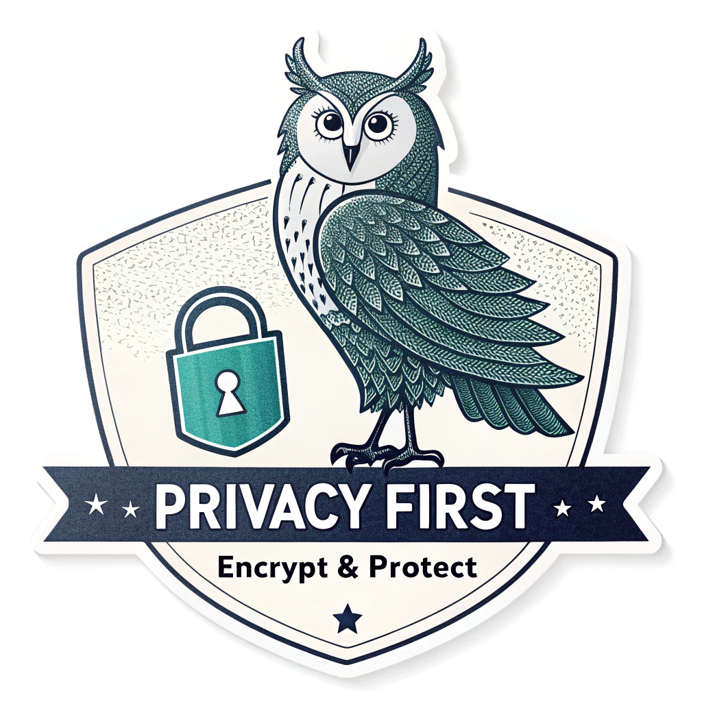 The Encrypted Guardian: A stylized owl with feathers made of intricate binary code patterns, perched on a shield emblazoned with a padlock. Text: 'Privacy First: Encrypt & Protect.'