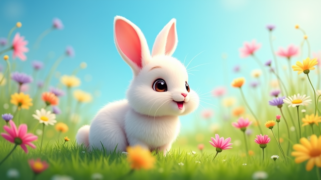 The image is a digital illustration of a cute white bunny sitting in a field of colorful flowers. The bunny has big pink ears and is looking towards the right side of the image with a big smile on its face. The background is a bright blue sky with white clouds. The flowers in the field are in various shades of pink, yellow, orange, and purple, with some yellow and pink daisies scattered throughout. The grass is green and well-maintained. The overall mood of the illustration is cheerful and playful.