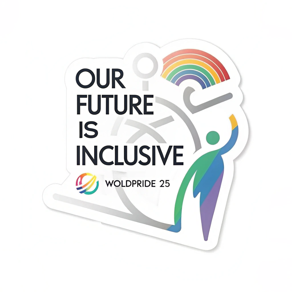 Simple Logo Idea: A text-based logo where 'Our Future is Inclusive' is rendered in a bold yet welcoming sans-serif font, possibly with a subtle color gradient across the words reflecting the rainbow. 'WorldPride '25' sits below as a clean, solid tagline, perhaps accompanied by a very minimalist abstract graphic of interconnected, diverse shapes.