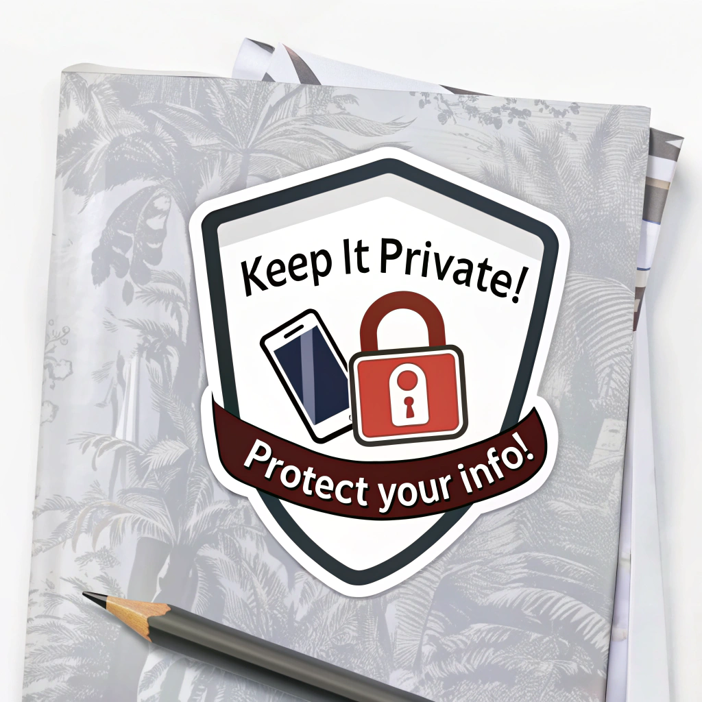 Privacy Shield Sticker: A prominent shield icon with a lock symbol or a 'no sharing personal info' symbol (e.g., a crossed-out silhouette with 'i' for info) in the center. Faint, generic social media icons could appear in the background, being 'blocked' by the shield. Emphasizes protecting personal data. Text: 'Keep it Private!' or 'Protect Your Info!'