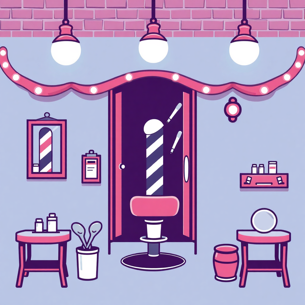 The image is an illustration of a barber shop interior. The background is a pink brick wall with a purple door in the center. Above the door, there are three hanging light fixtures with red and white striped lights. On the left side of the image, there is a mirror with a red frame and a red and black striped curtain hanging on the wall. Next to the mirror, on the right side, is a small table with a sink and a mirror on it. In front of the sink, there has a pink barber chair with a white cushion and a pink stool with a round mirror on top. In the center of the room, there also a small shelf with various hair care products such as shampoo, conditioner, and conditioner bottles. There are also two buckets on the floor next to the table. The overall style of the illustration is cartoon-like and playful.