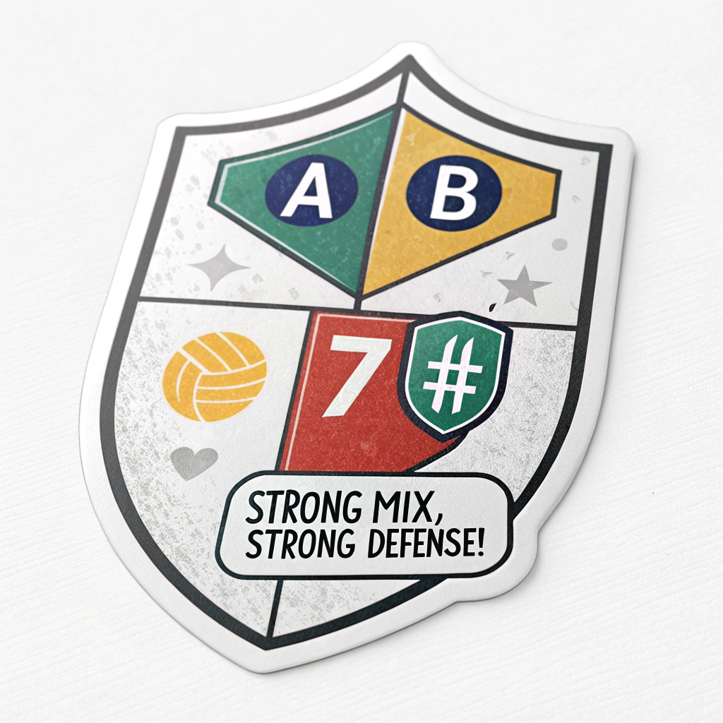 Shield & Characters: A sticker featuring a shield icon. Inside the shield, display a dynamic mix of characters (e.g., 'A', 'b', '7', '#') representing password complexity. Text: 'Strong Mix, Strong Defense!'