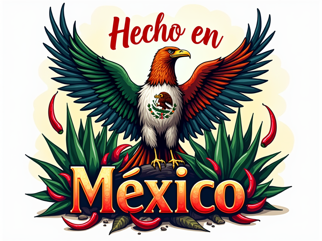 'Hecho en México' (Made in Mexico) themed T-shirt: A bold design showcasing the eagle from the Mexican flag, surrounded by agave plants and chili peppers, with the text 'Hecho en México' or 'Cinco de Mayo Orgullo' in a rustic, handcrafted font.