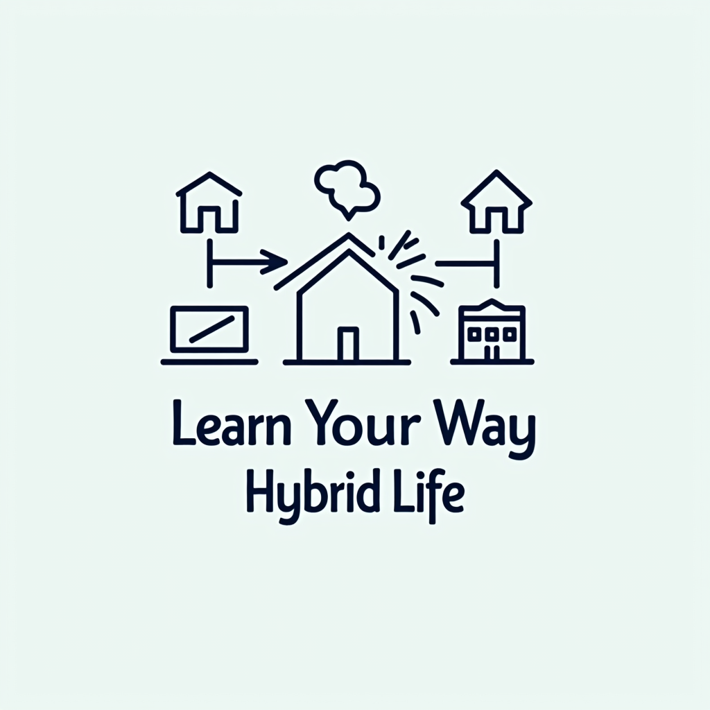 A minimalist design using interconnected icons: a house, a laptop, arrows pointing both ways, and a school building. Text below: 'Learn Your Way / Hybrid Life'.