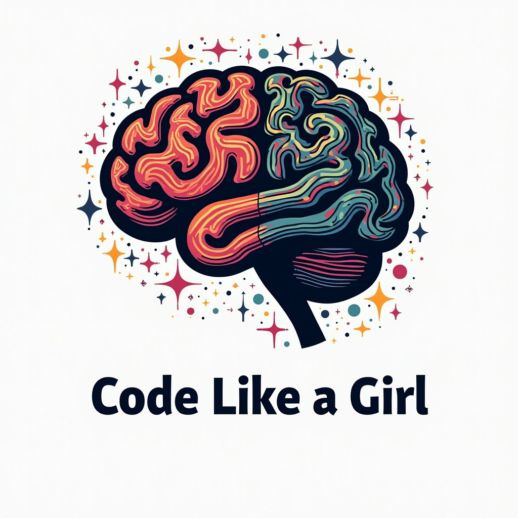 A stylized brain graphic with one hemisphere depicted as colourful, creative patterns and the other as structured lines of code. The slogan 'Code Like a Girl' is placed beneath or integrated within the design.