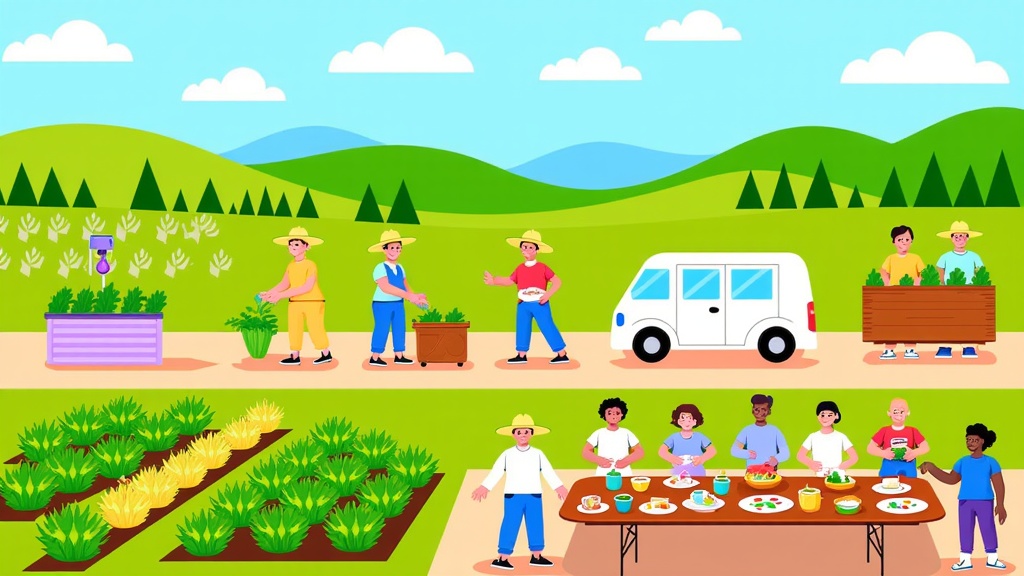 A 'farm-to-table' journey depicted in a continuous flow. Start with a small-scale, diverse farm practicing regenerative methods, then show produce being transported (perhaps by bicycle or electric van), and finally arriving at a local kitchen or community table where people are enjoying a meal together.