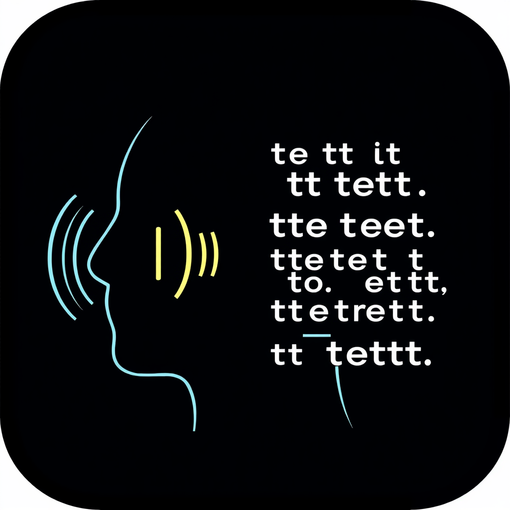 Icon depicting a human head silhouette with sound waves going in one ear and text characters coming out the other, representing speech-to-text and understanding.