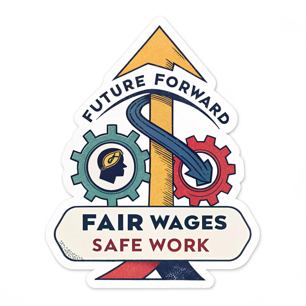 A sticker featuring a strong upward-pointing arrow, symbolizing 'Future Forward,' intertwined with a stylized gear. The phrases 'Fair Wages' and 'Safe Work' are clearly integrated into the design.
