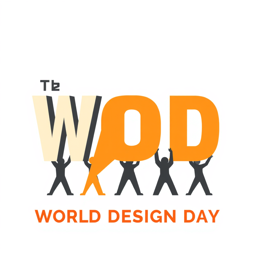 The letters 'WDD' (for World Design Day) creatively formed or supported by abstract human figures, visually representing the collective human effort and purpose behind the observance.
