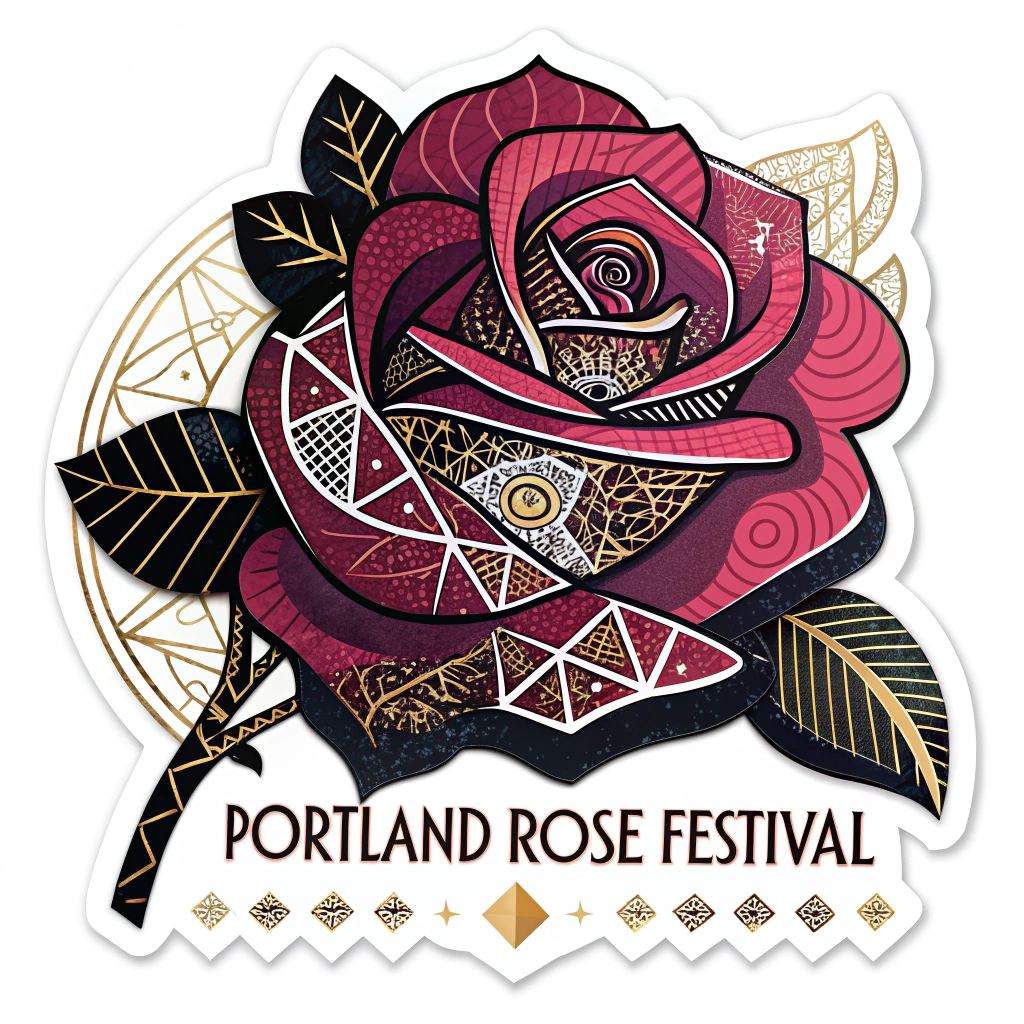 Art Deco Rose Radiance Sticker: A highly stylized rose incorporating geometric patterns and metallic gold_or_silver accents, with 'Portland Rose Festival' in a bold, elegant Art Deco typeface. Colors: deep reds, pinks, black, and metallic.