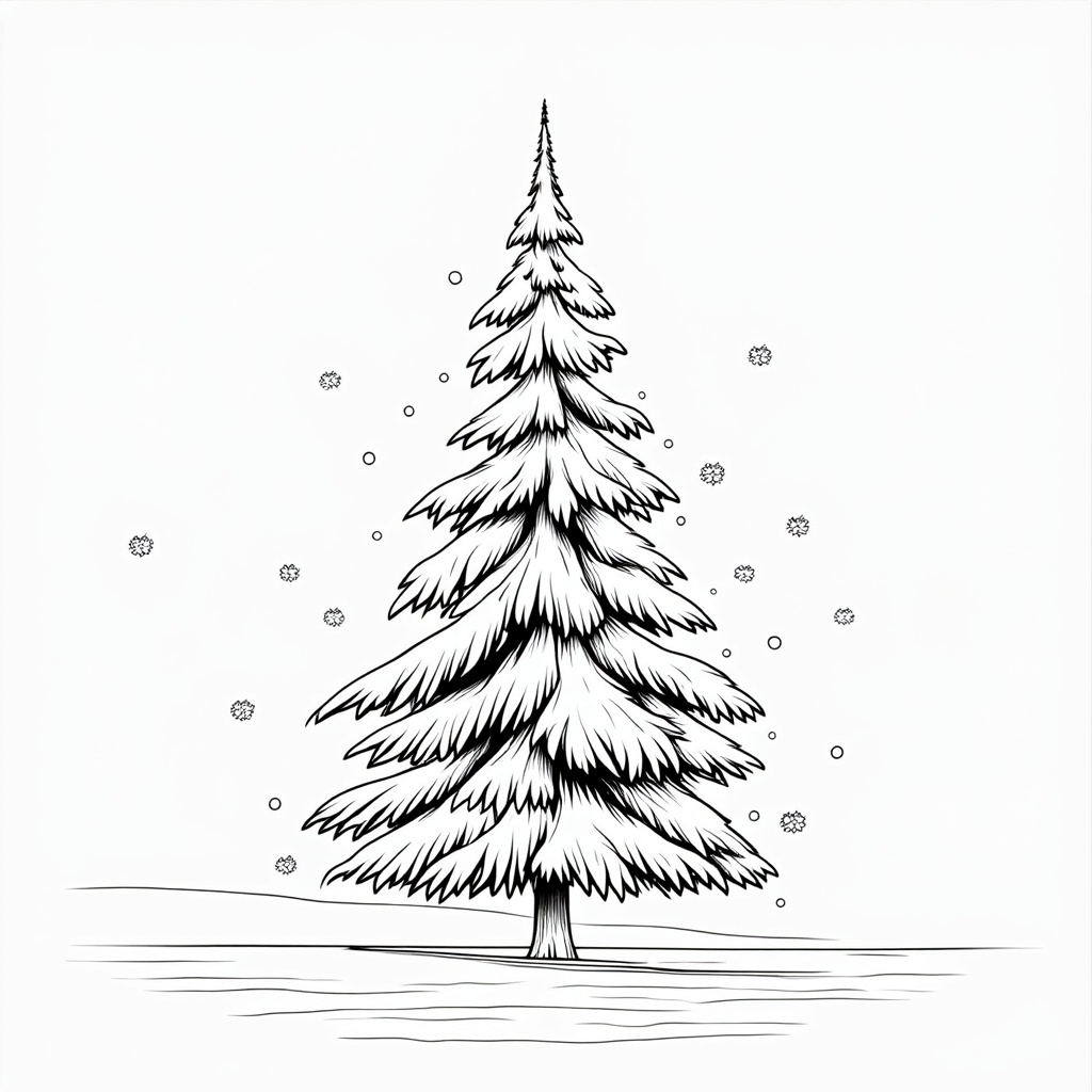 The image is a black and white line drawing of a Christmas tree. The tree is tall and slender with a pointed top and a conical trunk. It is covered in snowflakes, giving it a wintery appearance. The branches of the tree are thin and fluffy, and the trunk is slightly curved. The background is plain white, making the tree stand out. There are small snowflake-like objects scattered around the tree, adding to the wintery feel of the image.