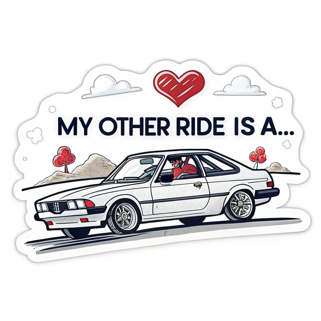 Design a car sticker that says 'My other ride is a...' with a humorous twist.