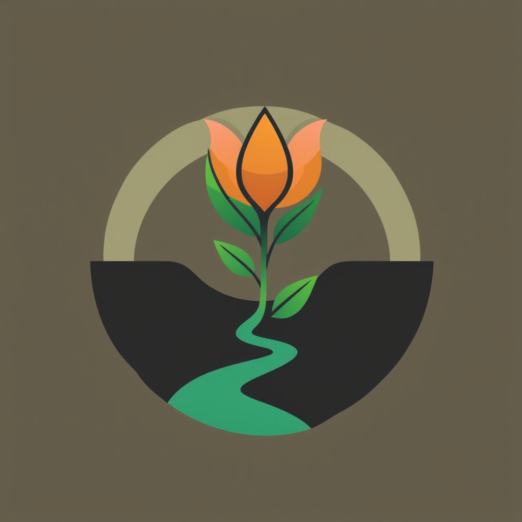 Abstract Terra Bloom: A logo that abstractly suggests a flower blooming or a sprout emerging from a stylized crack or barren shape. Utilize a color palette shifting from muted earth tones to vibrant greens and sky blues, indicating renewal and hope. The 'cracks' can be depicted as paths leading to the 'bloom'.