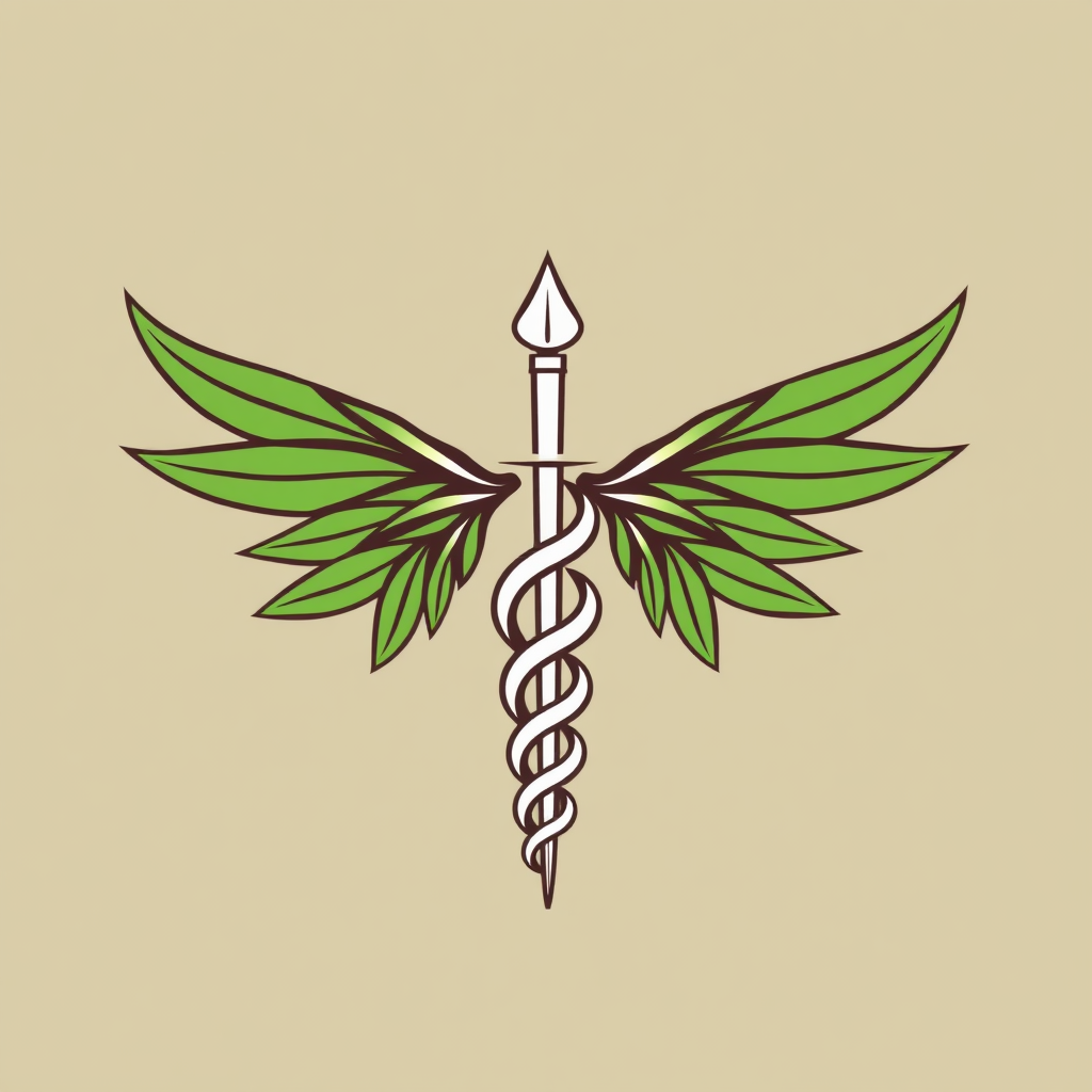 Leaf-winged caduceus: A caduceus design where the traditional wings are replaced by stylized, geometric cannabis leaves, attached to a simplified geometric staff and snakes.