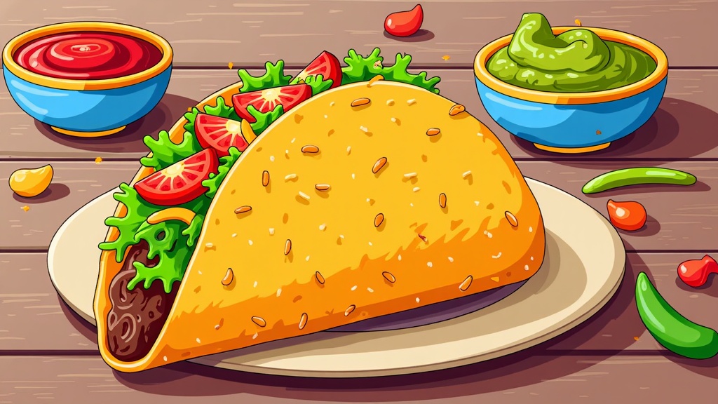  a large taco on a white plate with a variety of toppings on it. The taco is golden brown and appears to be freshly made, with sesame seeds sprinkled on top. It is filled with lettuce, tomato slices, and other vegetables. On the left side of the plate, there is a small bowl of red sauce, and on the right side, there are two bowls of green guacamole. There are also a few red chili peppers scattered around the plate. The background is a wooden table.