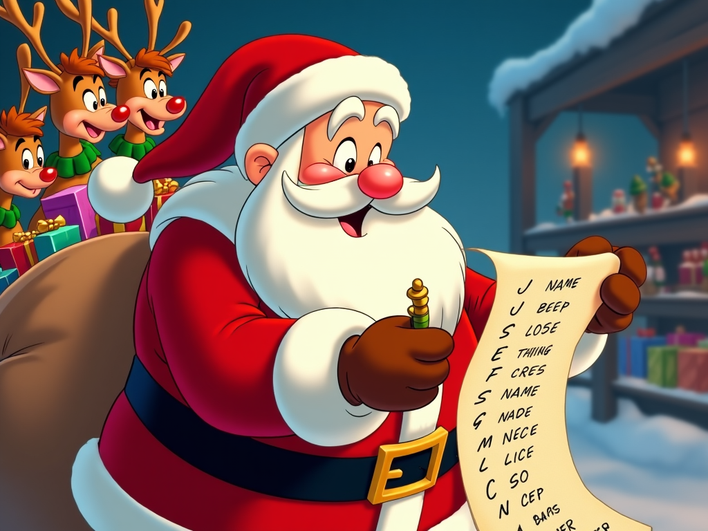 A delightful Santa Claus reading from a long list next to a large sack of gifts. His reindeer peer over his shoulder, checking if they made the nice list. Santa's workshop is bustling in the background with colorful toys and busy elves crafting toys for Christmas.