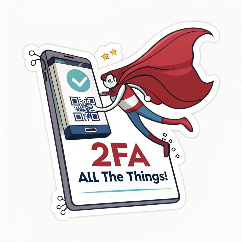 A smartphone with a superhero cape displaying a 2FA code, with the slogan '2FA All The Things!' beneath it.