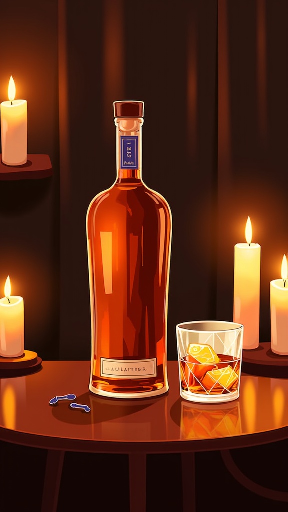  a bottle of whiskey and a glass of whiskey on a wooden table. The bottle is a dark amber color with a blue label and a cork stopper. The glass is filled with a golden-colored drink and has ice cubes in it. There are three lit candles on either side of the table, creating a warm and cozy atmosphere. The background is dark, making the bottle and glass stand out. The overall mood of the image is elegant and sophisticated.