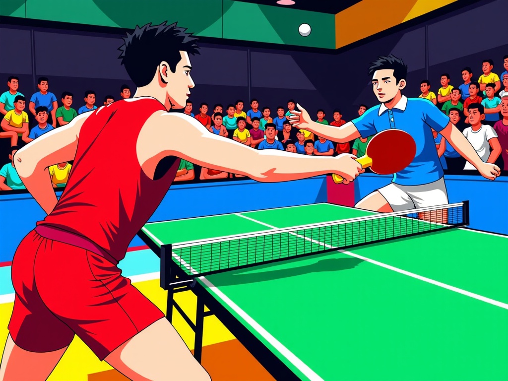  two men playing table tennis in a large indoor court. The man on the left is wearing a red jersey and shorts and is in the process of hitting the ball with his racket. He is in a crouched position, ready to hit the ball over the net. The other man is standing behind the net, watching the game intently. The court is green and there is a crowd of spectators in the background. The image is colorful and cartoon-like, with bright colors and exaggerated features.