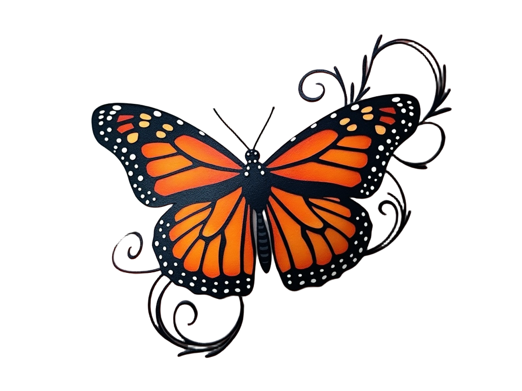 Monarch butterfly tattoo with intricate black and orange detailing, perched delicately on an artistic human arm, showcasing elegance and freedom.