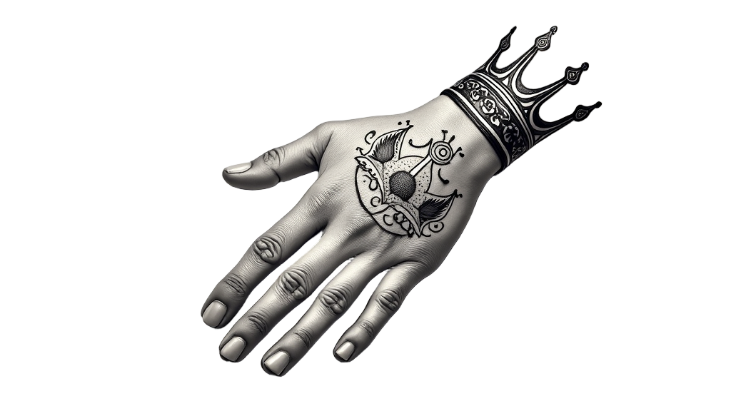 An artistic representation of a crown tattoo across the hand, blending abstract designs with the traditional crown shape for uniqueness.