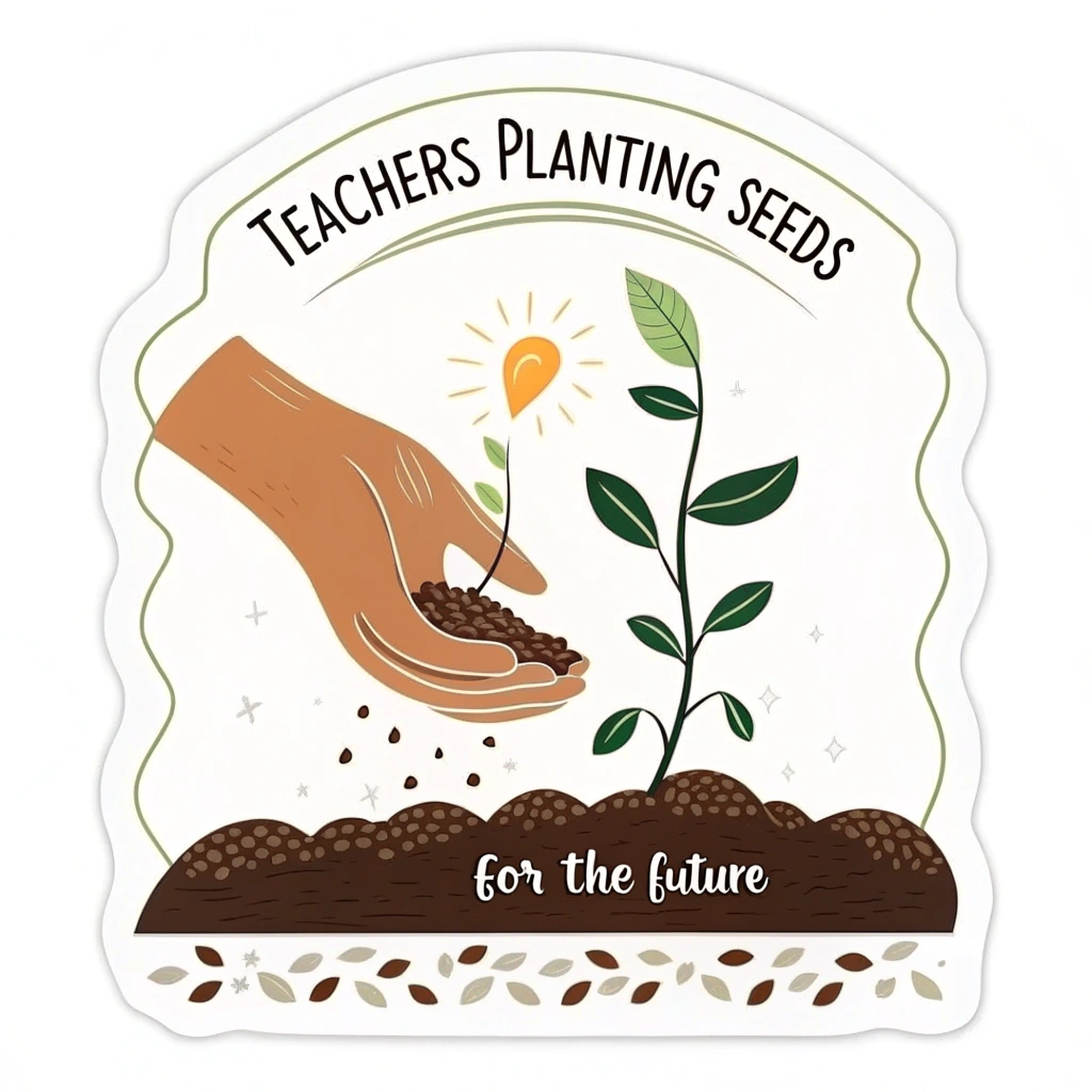 A sticker design featuring a stylized hand gently placing a small, glowing seed into fertile earth. The text 'Teachers: Planting Seeds for the Future' arches gracefully above or below the central image.