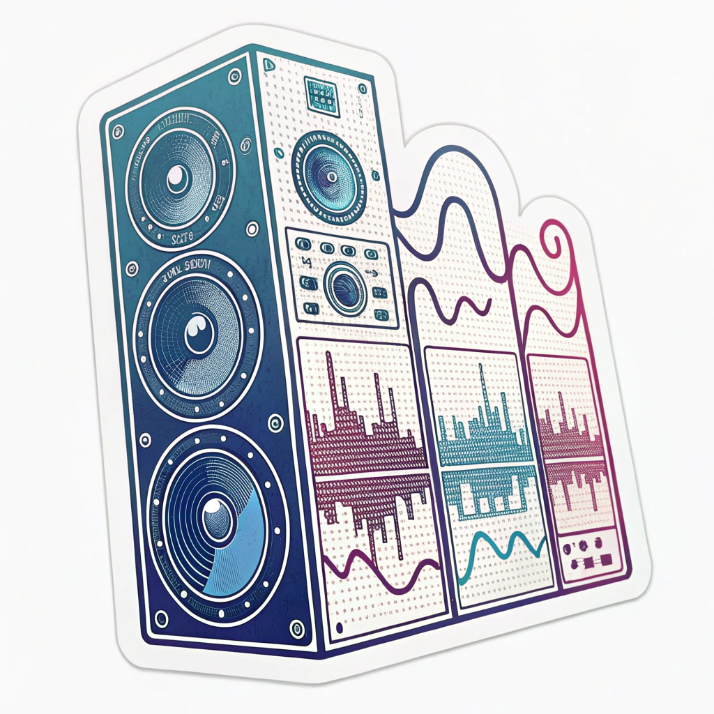 Abstract Waveform Anatomy: Sticker showcasing a detailed, layered cross-section of subwoofer waveforms (sine, square, sawtooth). Utilizes color-coding for frequencies (e.g., deep blues for sub-bass, vibrant purples for mid-bass) and subtle circuitry patterns embedded within the waves, creating a technical and powerful visual.