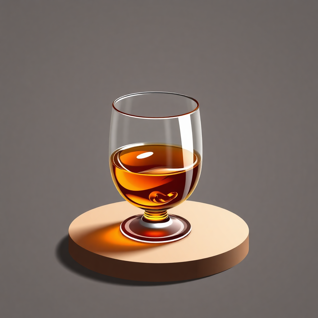 The image is a digital illustration of a glass of whiskey on a round wooden coaster. The glass is filled with a golden-brown liquid, which appears to be whiskey, and is tilted slightly to the side. The coaster is a light brown color and has a smooth surface. The background is a plain grey color. The overall design is simple and minimalistic, with a focus on the glass and the coaster.