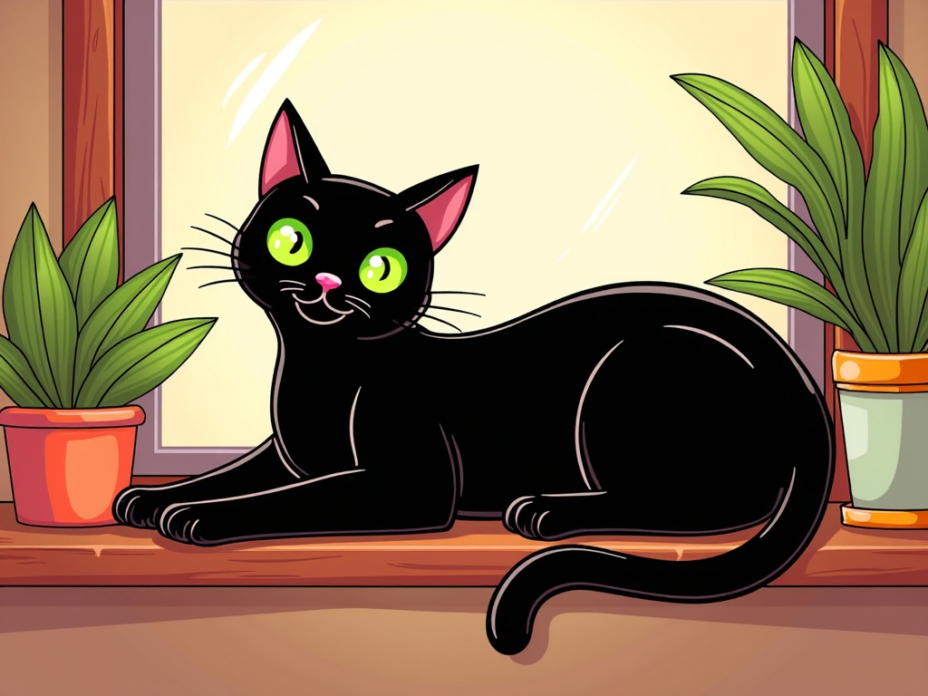 The image is a digital illustration of a black cat sitting on a window sill. The cat is lying down with its body stretched out and its head resting on its front paws. It has green eyes and pink ears. There are two potted plants on either side of the cat, one is a green plant and the other is a red one. The background is a beige wall with a window. The overall mood of the image is peaceful and serene.