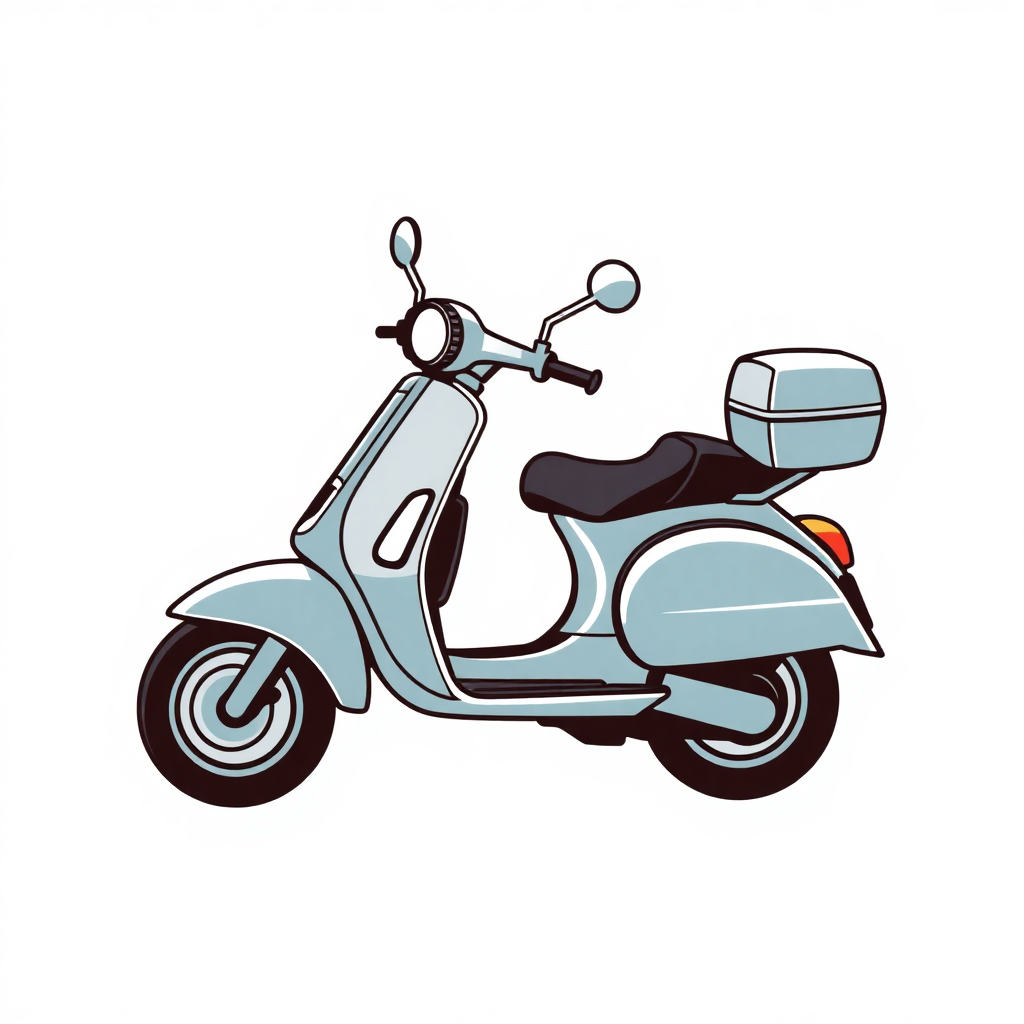 The image is a digital illustration of a scooter. The scooter is light blue in color and has a black seat and handlebars. It has a small storage box attached to the back of the scooter with a handlebar and two mirrors on the front. The wheels are black and appear to be made of rubber. The background is white.