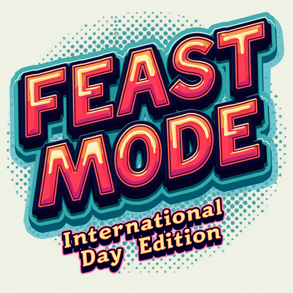 T-shirt design featuring bold 'FEAST MODE' text styled as a retro video game 'power-up' or 'level unlocked' notification. Subtext: 'International No Diet Day Edition'.