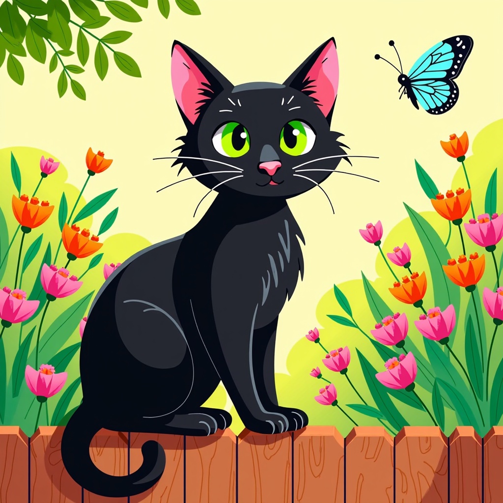 The image is a digital illustration of a black cat sitting on a wooden fence. The cat has pink ears and green eyes and is looking directly at the camera. It is sitting on its hind legs with its front paws resting on the fence. Behind the cat, there is a field of colorful tulips in shades of pink, orange, and yellow. On the right side of the image, there are two blue butterflies fluttering around. The background is a light green color with a few leaves scattered around.