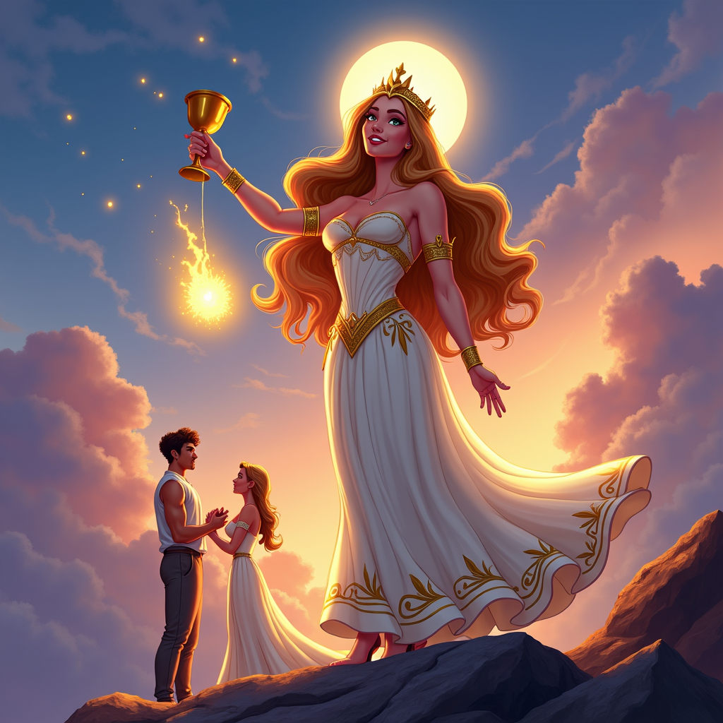 Illustrate Hera in a scene where she is either blessing a marriage or punishing those who have been unfaithful. This could include imagery of thunderbolts or a more subtle representation of her wrath.