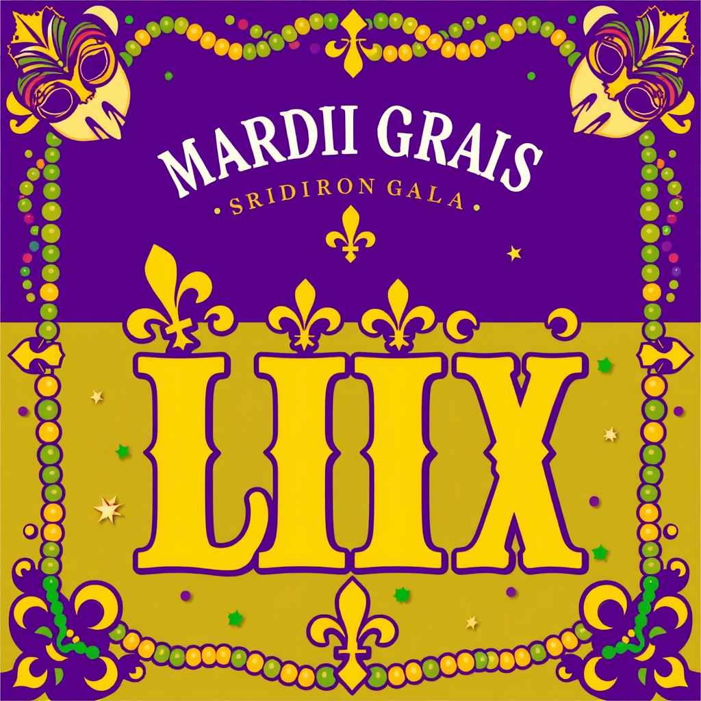 Mardi Gras Gridiron Gala: Features iconic Mardi Gras elements like festive masks and beads forming borders or background patterns. The Roman numeral 'LIX' is ornately designed with fleur-de-lis accents. Football-shaped confetti could be a subtle detail. Color palette uses traditional Mardi Gras purple, green, and gold, slightly desaturated for a vintage feel.