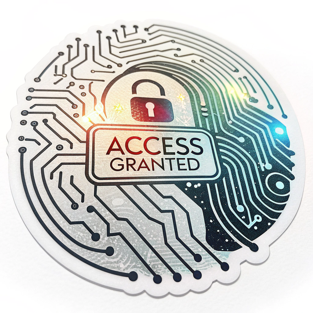 Sub-design Idea 1: A stylized fingerprint with integrated circuit board patterns traversing its lines, with a glowing 'ACCESS GRANTED' text or a prominent lock icon at its core. The sticker could have a metallic or holographic finish.