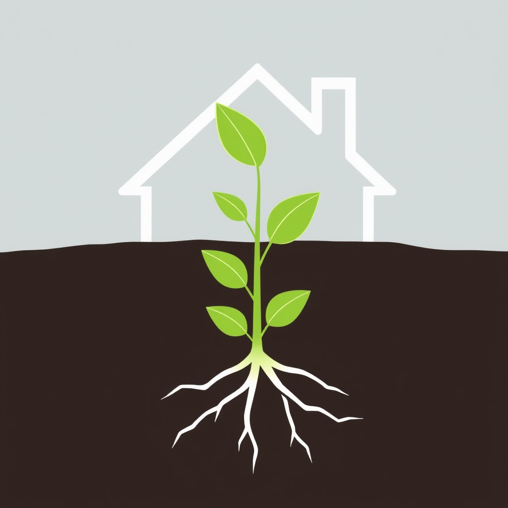 A visual of a seedling with strong roots gradually transforming or growing into a basic house outline, highlighting potential, affordable beginnings, and foundational community growth.