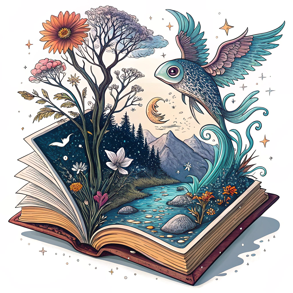 An open storybook from which surreal landscapes and fantastical creatures (e.g., winged fish, multi-eyed flora) emerge in a digital, glitch-art style.