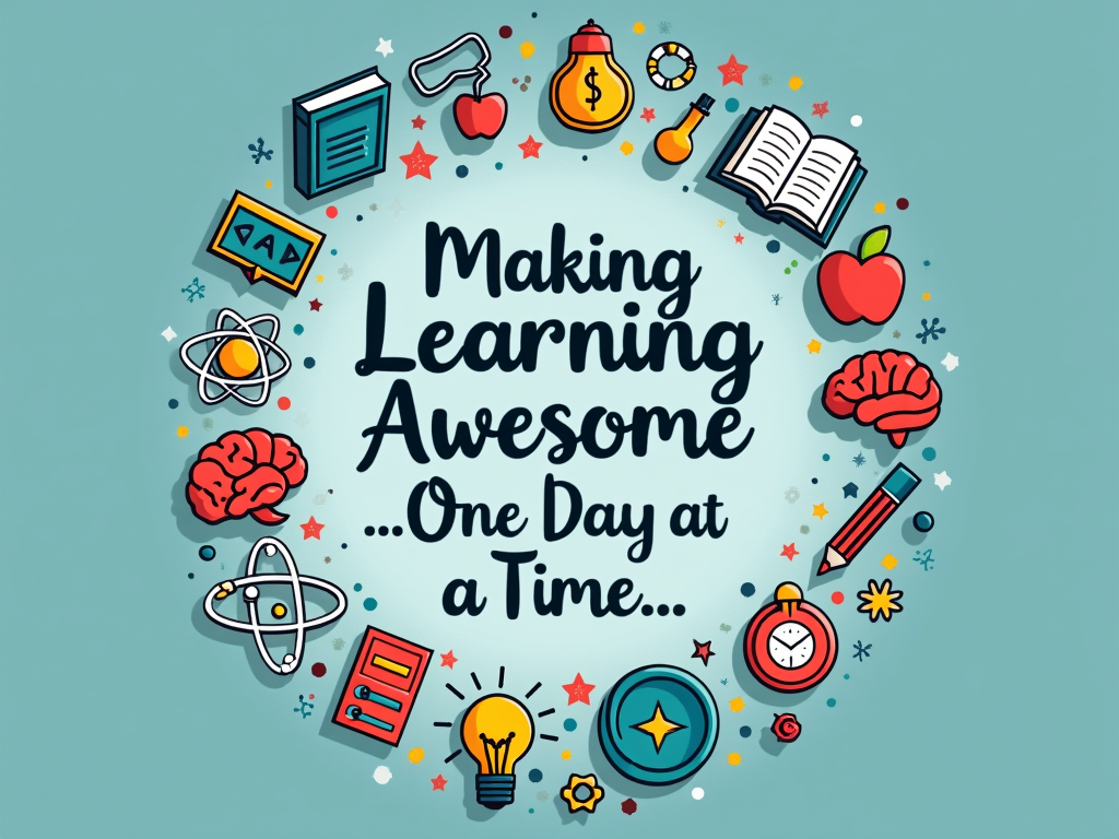 An illustration of diverse, simple icons representing learning (book, brain, atom, lightbulb) arranged in a path or cycle. The quote 'Making Learning Awesome, One Day at a Time' flows along this path, highlighting the continuous journey.
